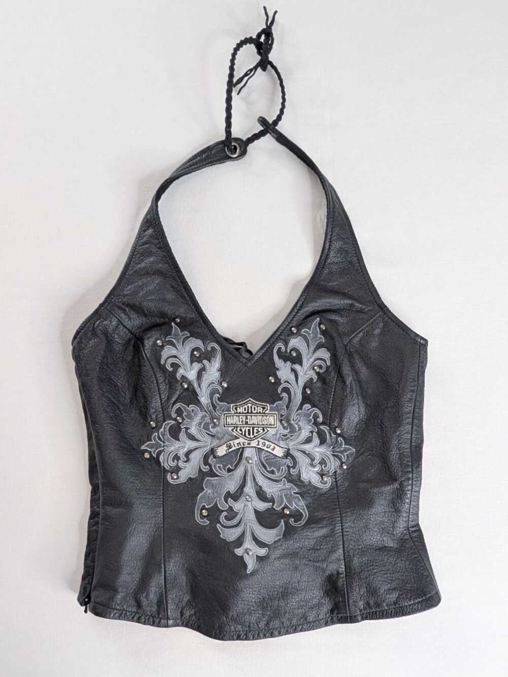 VTG Harley Davidson Black Leather Studded Corset Back Embroidered Halter Top